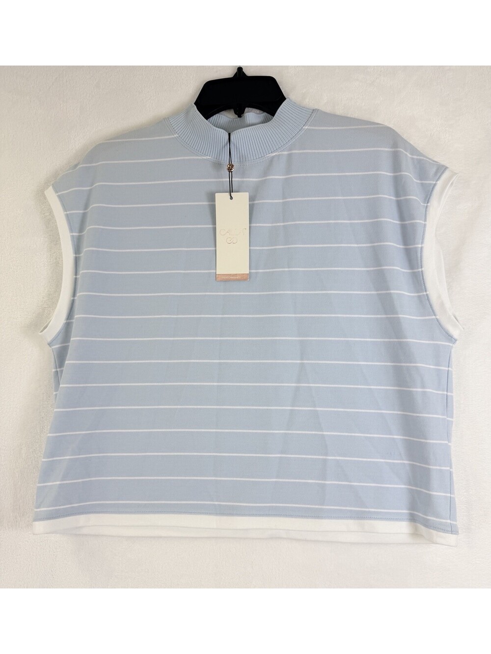 Calia Top Large Crop Mock Neck Knit Blue White Striped New NWT